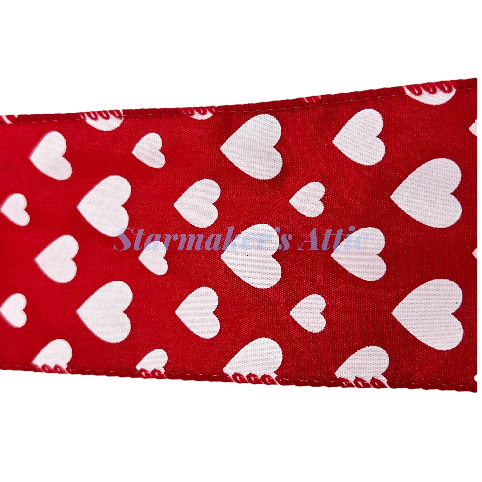 Beautiful 2.5 Inch Wired Satin Ribbon in Red With White Hearts - 5