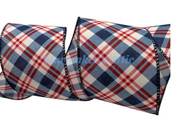 5 YARDS of 2.5-inch Wired Plaid Ribbon in Red White and Blue - Bows Wreaths Decor Hair Bows Independence Day Patriotic July 4th