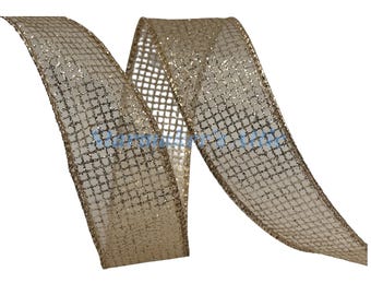 5 YARDS of 1.5-inch Wired Sheer Ribbon in Gold with Gold Glittered Mesh Design - Bows Wreaths Decor Hair Bows Christmas Anniversary