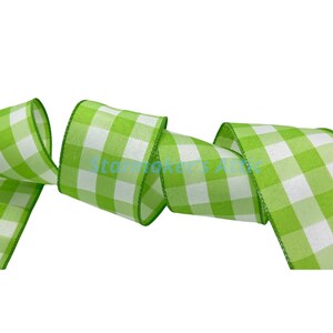 May include: Green and white gingham ribbon with a white edge. The ribbon is folded and twisted, showing the pattern.