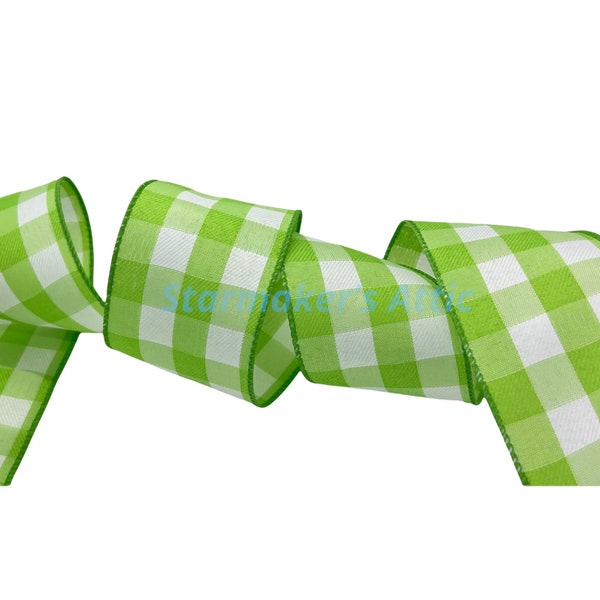Beautiful 2.5 inch Wired Buffalo Plaid Ribbon in Lime Green & White - 5 Yards Perfect for Bows, Wreaths, Decor Wrapping Spring Farmhouse