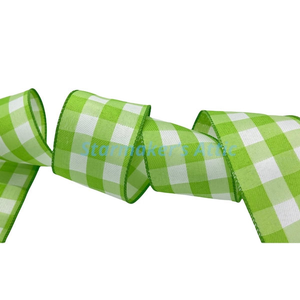 Beautiful 2.5 inch Wired Buffalo Plaid Ribbon in Lime Green & White - 5 Yards Perfect for Bows, Wreaths, Decor Wrapping Spring Farmhouse