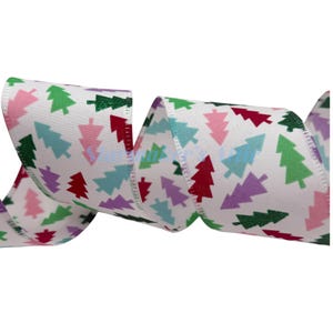 5 YARDS of 2.5-inch Wired Ribbon in White Decorative Trees in Teal, Pink, Red, Greens & Glitter - Bows Wreaths Decor Hair Bows Christmas