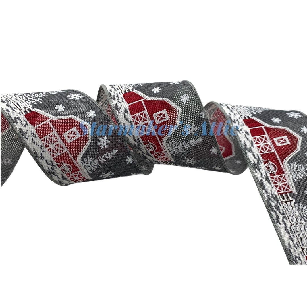 Barn Ribbon Beautiful 2.5 Inch Grey W/ Red Barn Winter Scene Ribbon With a Wired ...