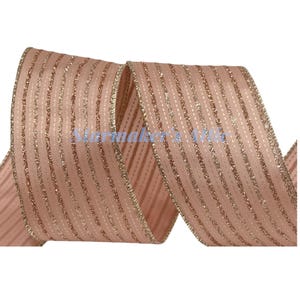 5 YARDS of 2.5-inch Wired Ribbon in Rose Gold Pink with Gold and Rose Gold Glittered Lines - Bows Wreaths Decor Hair Bows Christmas Holiday