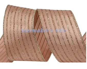 5 YARDS of 2.5-inch Wired Ribbon in Rose Gold Pink with Gold and Rose Gold Glittered Lines - Bows Wreaths Decor Hair Bows Christmas Holiday