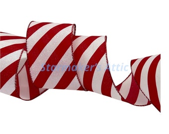 5 YARDS of 2.5 inch Designer Wired Red Ribbon with White Stripes & Iridescent Glitter - Christmas Candy Cane Holiday Valentine