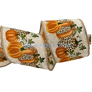 5 YARDS 2.5 inch Wired Natural Linen Ribbon with Pumpkins in Orange & Cheetah Print - For Bows Wreaths Decor Halloween Fall Farmhouse