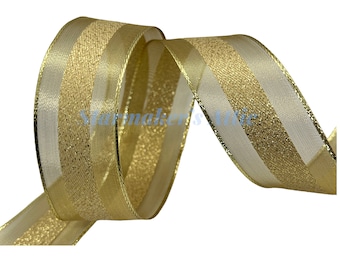 5 YARDS of 1.5 inch Wired Sheer Ribbon in Gold with Center Stripe Metallic Gold - Bows Wreaths Decor Hairbow Christmas Anniversary Valentine