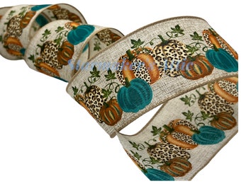 5 YARDS 2.5 inch Wired Natural Linen Ribbon w/Pumpkins in Teal & Cheetah Print - For Bows Wreaths Decor Hairbows Halloween Fall Farmhouse