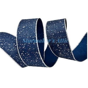 5 YARDS of 1.5 inch Wired Ribbon in Navy Blue with Silver Specks & Metallic Silver Edge Bows Wreaths Decorating Hair Bows Christmas Winter image 1