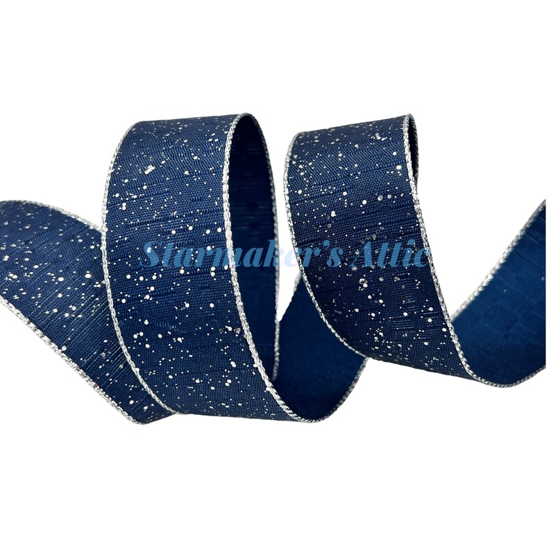 5 YARDS of 1.5 inch Wired Ribbon in Navy Blue with Silver Specks & Metallic Silver Edge Bows Wreaths Decorating Hair Bows Christmas Winter image 1