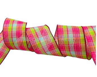 Beautiful 2.5 inch Wired Plaid Ribbon in Pink, Teal & Lime Green - 5 Yards For Bows, Wreaths, Decorating, Hairbows, Spring, Summer, Easter