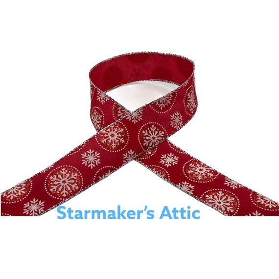 1.5 inch Red Satin Ribbon with White Snowflakes - 5 Yards