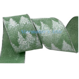 5 YARDS of 2.5-inch Wired Ribbon in Green with Snow Covered Trees Highlighted with Iridescent Glitter - Bows Wreaths Decor Christmas Holiday