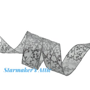 Beautiful 1.5 inch Sheer Silver w/Glittered Vines Ribbon with a Wired Edge - 5 YARDS for Bows, Wreaths, Decor Christmas Valentine