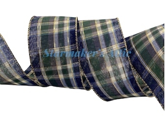 5 YARDS of 2.5 inch Wired Plaid Ribbon in Navy, Dark Green and White with Gold Threads - Bows Wreaths Decor Christmas Farmhouse Holiday