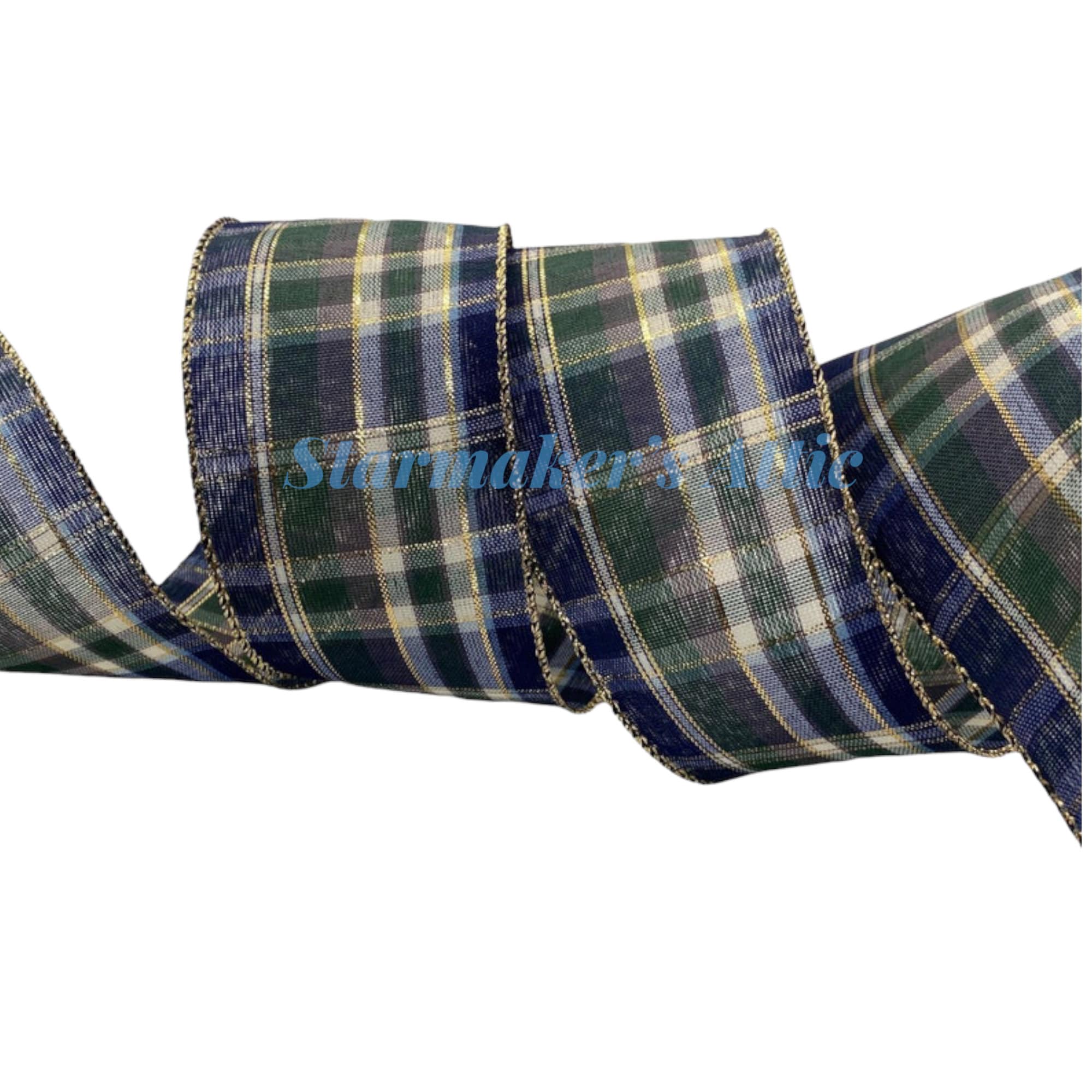 5 YARDS of 2.5 Inch Wired Plaid Ribbon in Navy Dark Green and
