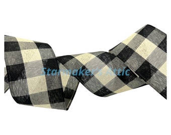 Beautiful 2.5 inch Wired Buffalo Plaid Ribbon in Black & Ivory - 5 Yards Perfect for Bows, Wreaths, Decorating, Wrapping, Hairbows Farmhouse