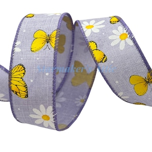 5 YARDS of 1.5 inch Wired Ribbon in Lavender with Butterflies and Daisies - For Bows Wreaths Decor Hair Bows Spring Easter Summer Flowers