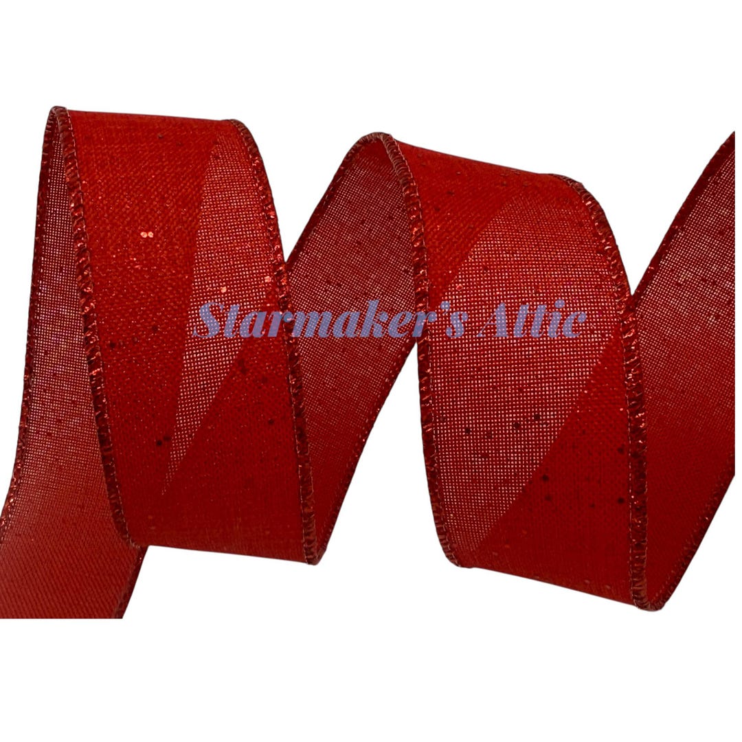 Threaded Ribbon 5 YARDS of 1.5-inch Wired Linen Ribbon in Red With Red Glitter and ...