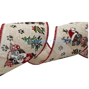 5 YARDS of 2.5-inch Wired Ribbon in Beige with Adorable Dogs, Puppies, Trees, Snow, and Gifts - Bows Wreaths Decor Hair Bows Christmas