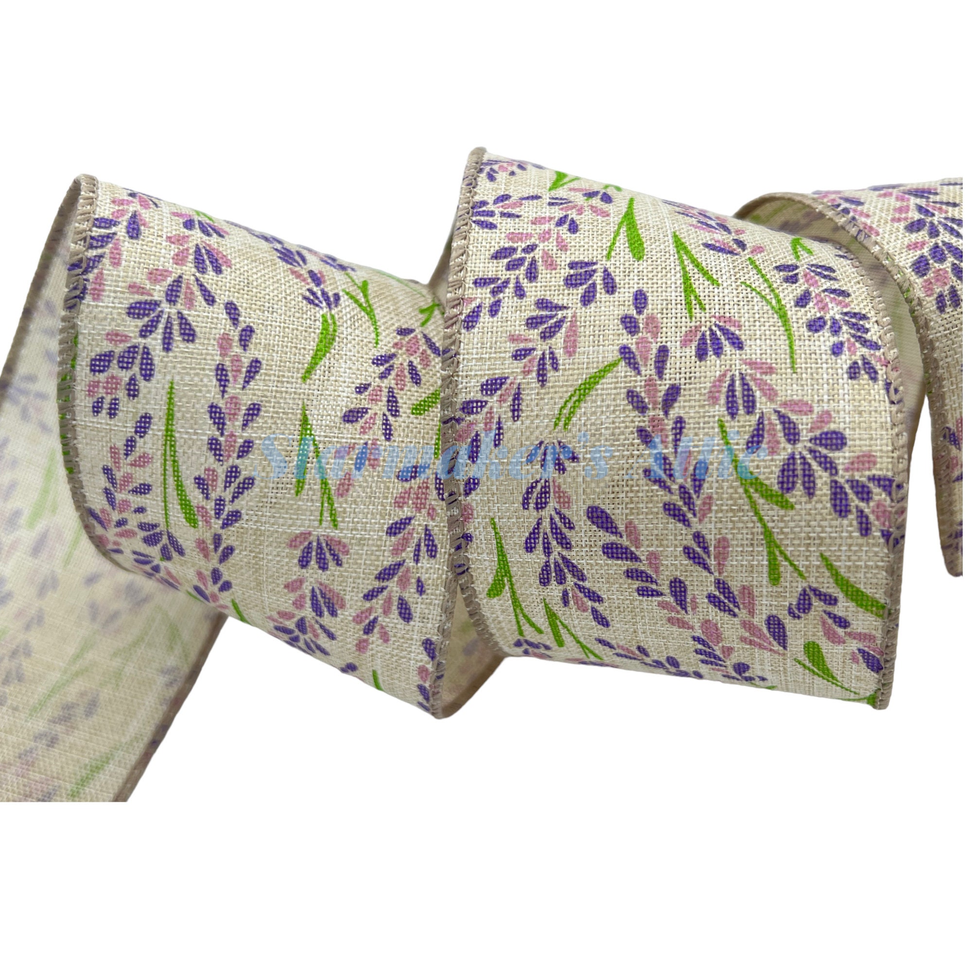 5 YARDS of 2.5 inch Wired Ribbon in Beige with Purple Flowers - Bows Wreaths Decor Hair Bows Spring Summer Floral Lavender Springtime