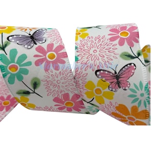 5 YARDS of 2.5-inch Wired Ribbon in White with Purple & Pink Butterflies and Flowers - Bows Wreaths Decor Hair Bows Spring Easter Summer