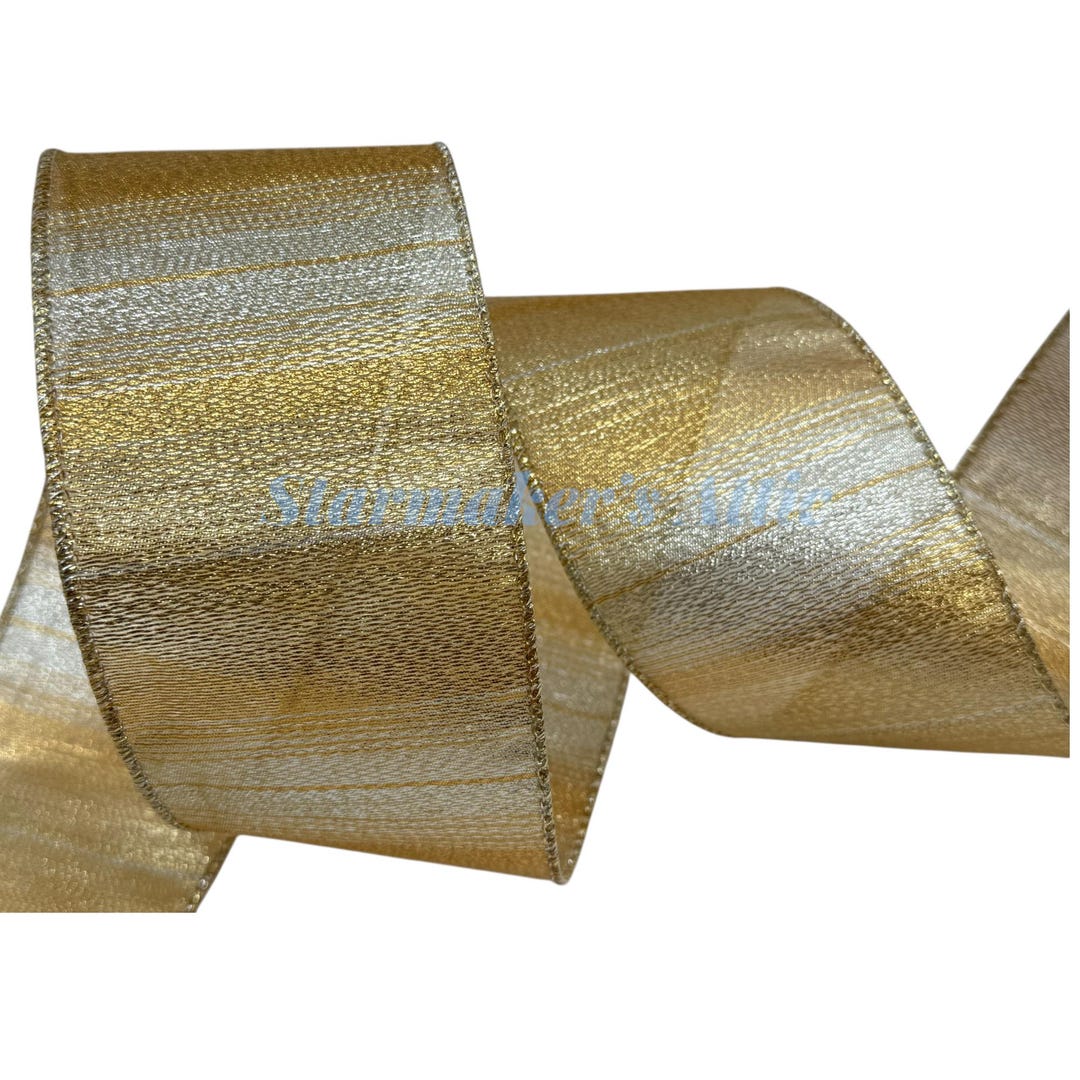 Threaded Ribbon 5 YARDS of 2.5-inch Wired Ribbon in Metallic Gold and Silver and a ...