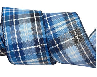5 YARDS of 2.5-inch Wired Kennedy Plaid Ribbon in Various Blues and White - Bows Wreaths Decor Hair Bows