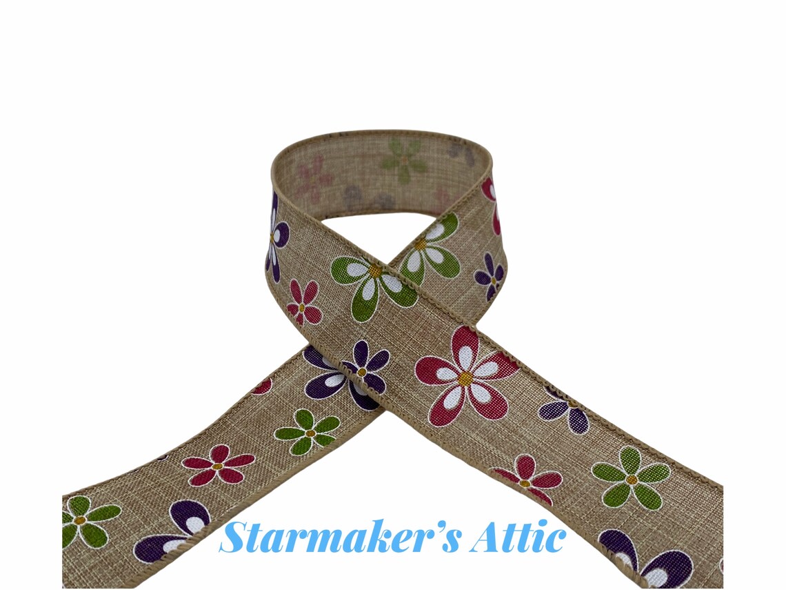 Beautiful 1.5 inch Wired Natural Ribbon with Daisies in | Etsy