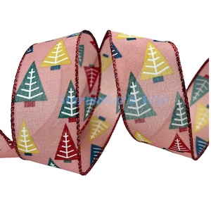 5 YARDS of 1.5 inch Wired Ribbon in Rose Pink with Trees in Various Colors - Bows Wreaths Decor Hair Bows Christmas Holiday