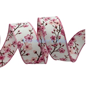 5 YARDS of 1.5-inch Wired Ribbon in White with Pink Cherry Blossoms - Bows Wreaths Decor Hair Bows Spring Summer Cherry Trees