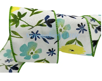 5 YARDS Beautiful 2.5 inch Wired Ribbon in White with Navy, Teal and Yellow Flowers - For Bows Wreaths Decor Hair Bows Spring Summer Floral