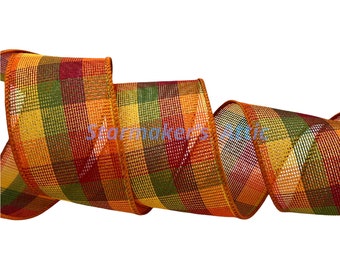 Beautiful 2.5 inch Wired Woven Checked Ribbon in Yellow, Orange, Burgundy & Moss Green - 5 Yards For Bows Wreaths Decor Hairbows Fall Autumn