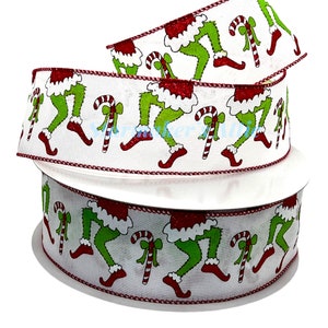 50 YARD Roll Popular Wired 2.5 Christmas Ribbon in White with Grinch Legs & Candy Canes - Bows Wreaths Decor Hairbows Green Monster