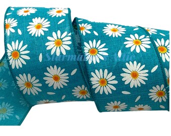 5 YARDS of 2.5-inch Wired Ribbon in Teal with White Daisies and Daisy Petals - Bows Wreaths Decor Hair Bows Spring Summer