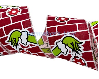5 YARDS of 2.5 inch Wired Ribbon in Red Brick with Grinch Hand Holding Ornament - Bows Wreaths Decor Hair Bows Christmas Holiday