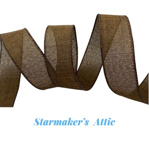 Beautiful 1.5 inch Wired Linen Ribbon in Brown with a Metallic Threaded Edge - 5 YARDS For Bows, Wreaths, Decorating, Hairbows, Farmhouse