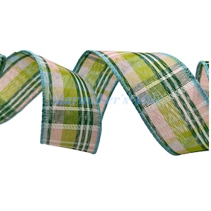 5 YARDS of 1.5 inch Wired Madras Plaid Ribbon in Dark Green Light Pink Blue Green White - Bows Wreaths Decor Hair Bows Spring Summer Easter
