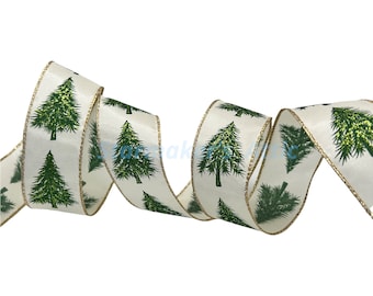 Beautiful 1.5 inch White Satin Ribbon with Christmas Trees adorned with Gold Glitter - 5 Yards  Perfect for Wreaths, Bows, Decorating