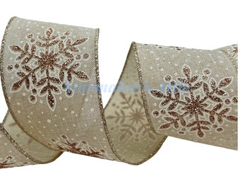 Beautiful 2.5 inch Wired Natural / Beige Ribbon with Rose Gold Glitter and White Snowflakes & Dots - 5 YARDS For Bows Wreath Decor Christmas