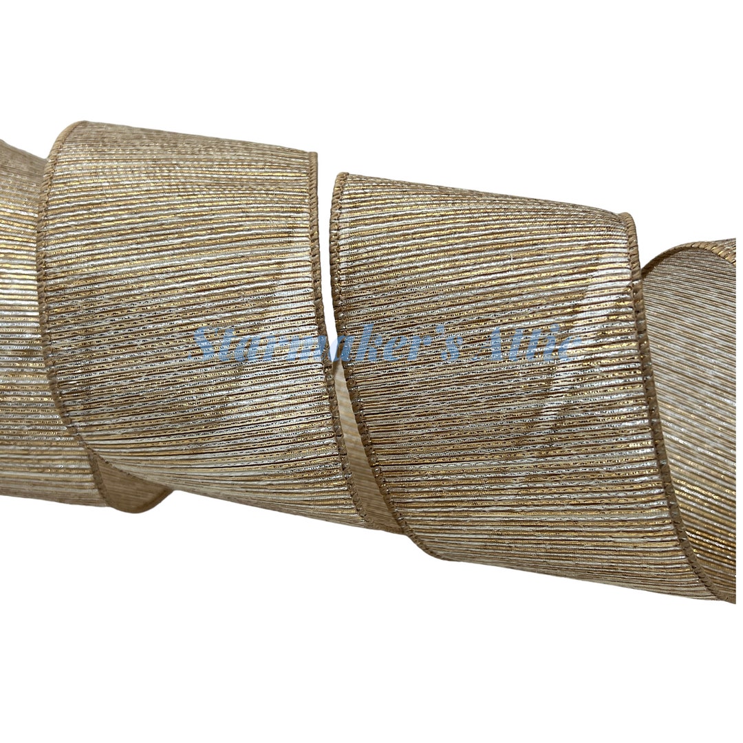 5 YARDS of 2.5 Inch Wired Metallic Ribbon in Beige and Gold - Bows ...