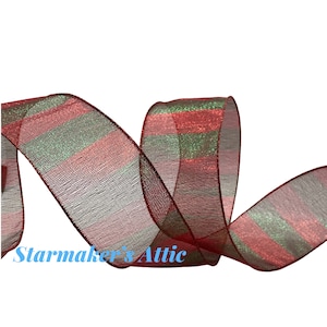 5 YARDS of 2.5 inch Sheer Wired Ribbon in Red and Green Metallic - Bows, Wreaths, Decorating  Gift Wrapping Holiday Christmas Farmhouse