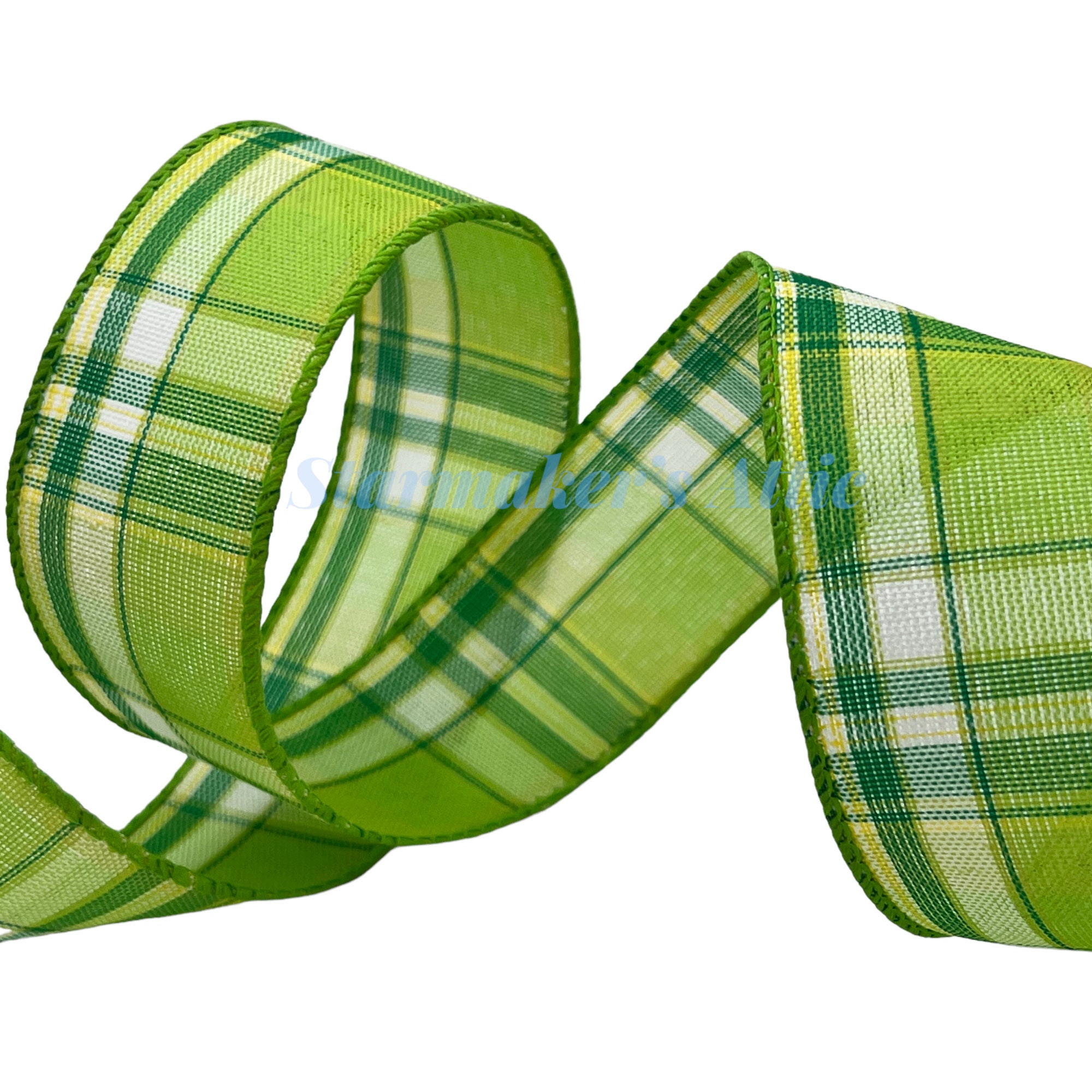 Plaid Canvas Wired Edge Ribbon, 10 Yards Yellow, Lime, Hot Pink, 1.5 inch