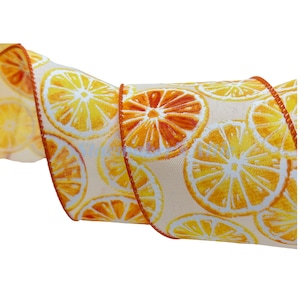 5 YARDS Cute 2.5 inch Wired Ribbon in White with Lemon and Orange Citrus Fruit Slices - For Bows Wreaths Decor Hair Bows Spring Summer