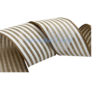 Beautiful 2.5 inch Wired Ribbon in White with Natural Beige Stripes - 5 Yards For Bows, Wreaths, Decorating, Hairbows, Farmhouse, Country