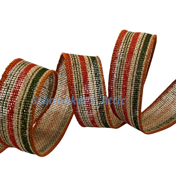 Beautiful 1.5 inch Wired Natural Faux Burlap Ribbon with Orange & Green Stripes - 5 YARDS For Bows Wreaths Decor Hairbows Fall Farmhouse