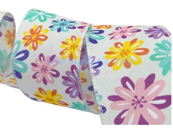 5 YARDS of 2.5-inch Wired Ribbon in White with Flower Designs in Purple Teal Yellow Orange & Pink Bows Wreaths Decor Hair Bows Spring Easter