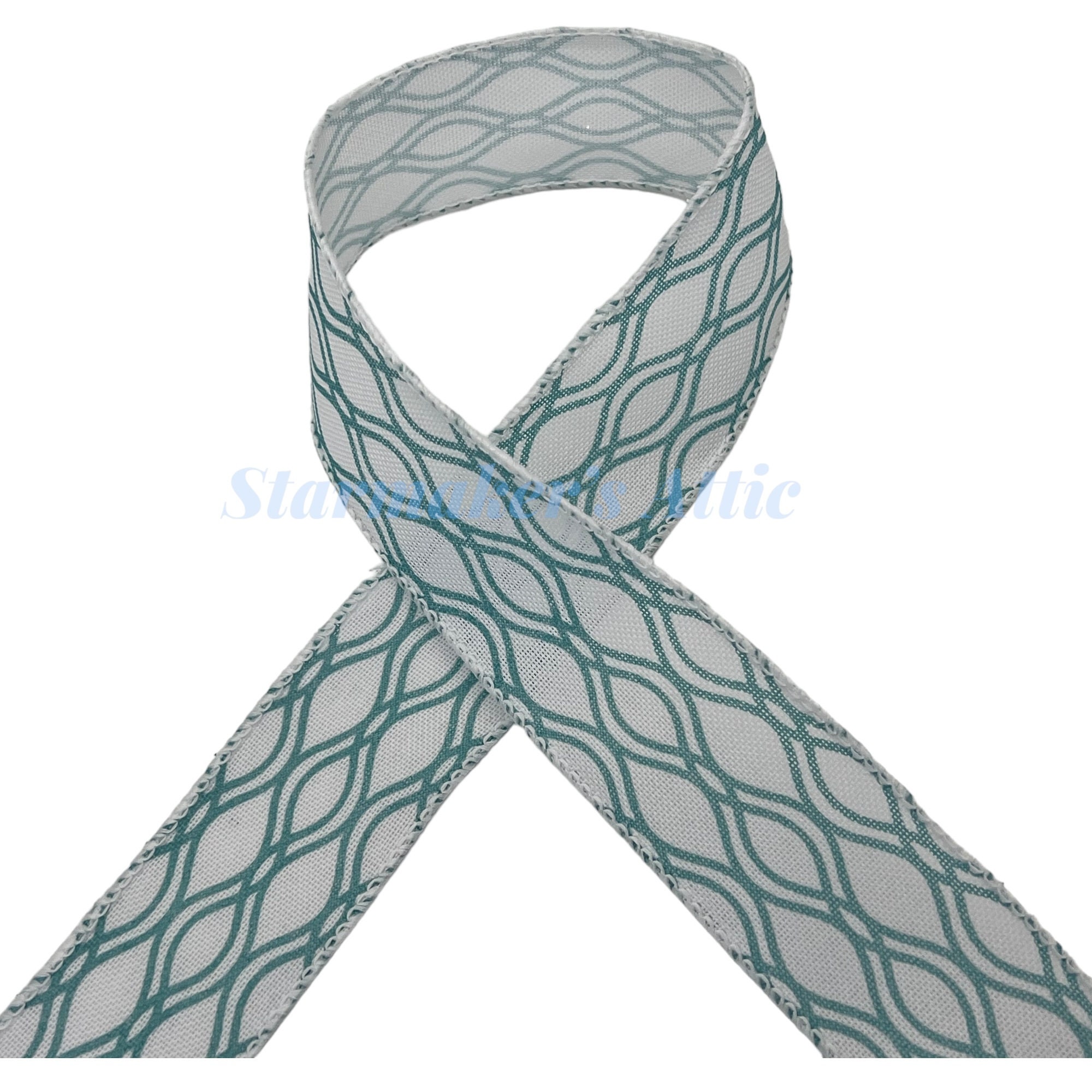 5 YARDS of 1.5-inch Wired Ribbon in White With an Aqua Interlocking ...